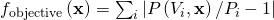 f_{\mathrm{objective}}\left(\mathbf{x}\right)=\sum_{i}\left|P\left(V_{i},\mathbf{x}\right)/P_{i}-1\right|
