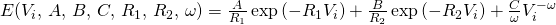 E(V_{i},\,A,\,B,\,C,\,R_{1},\,R_{2},\,\omega)=\frac{A}{R_{1}}\exp\left(-R_{1}V_{i}\right)+\frac{B}{R_{2}}\exp\left(-R_{2}V_{i}\right)+\frac{C}{\omega}V_{i}^{-\omega}
