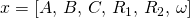 x=\left[A,\,B,\,C,\,R_{1},\,R_{2},\,\omega\right]